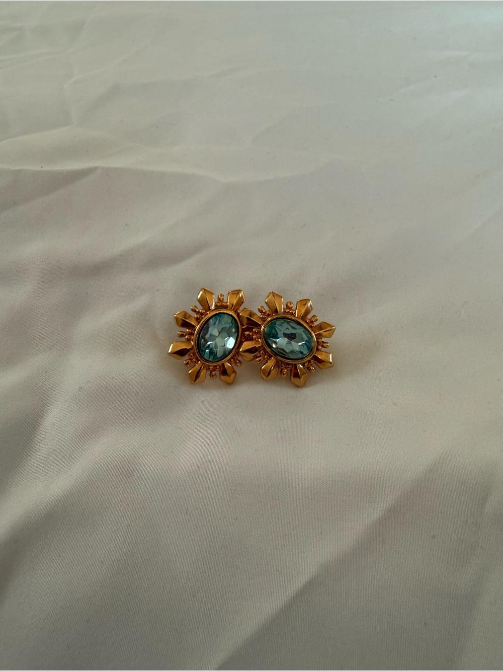 Gold-Tone Aqua Crystal Sunburst Clip Earrings